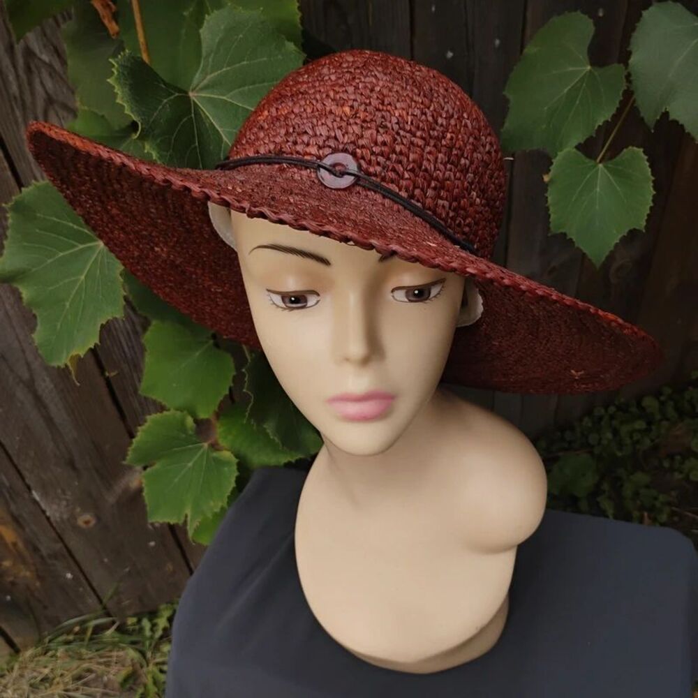 Rust Brown Raffia Straw Sun Hat Wide Brim Beaded Leather Cord 15" Beach